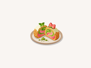 Strawberry Matcha Cream Puff Halves on a Plate Vector Illustration. Cute Japanese Choux Pastry Dessert with Green Tea and Pink Swirl Filling, Isolated on Cream Background. © Akasha Design