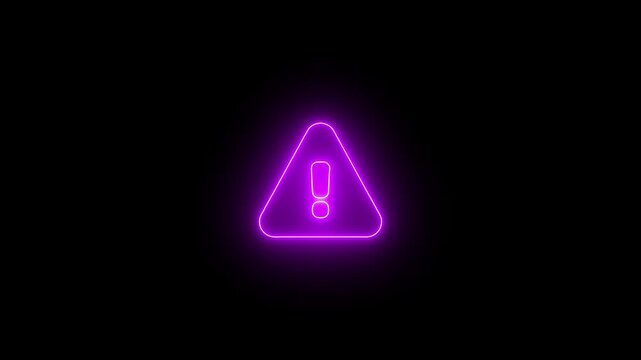 glowing purple neon exclamation mark alert icon in a triangle flickering on a black background loop animation for security warning error notification interface background motion graphics.