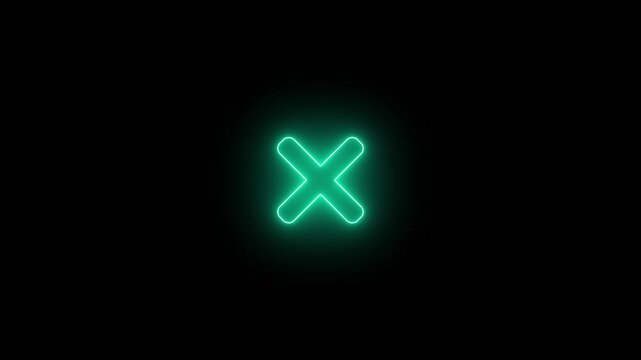 The bright green neon cross symbol on a black background is used to indicate incorrect answers, error display, delete, cancel, close, and incorrect answers.