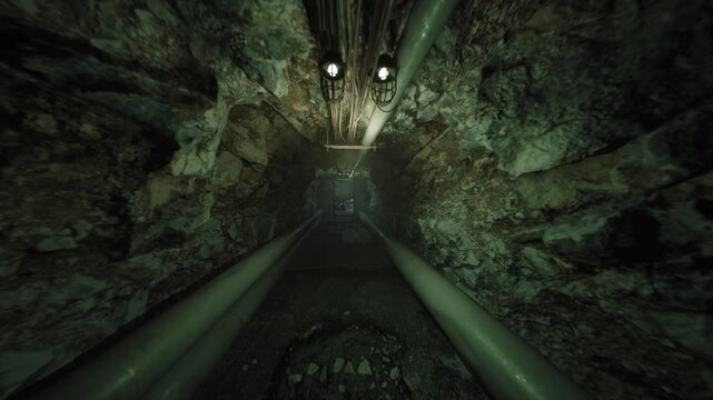 dimly lit mossy tunnel with pipelines leading to distant glow, damp walls, dripping water, metal rails, rugged rock texture, claustrophobic maintenance