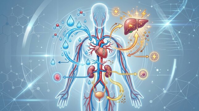 Human circulatory and metabolic system illustration with organs and fluid dynamics