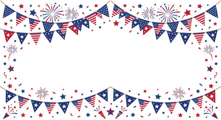 Fototapeta premium American flag bunting and firework vector illustration with scattered stars on a white background fireworks patriotic celebration