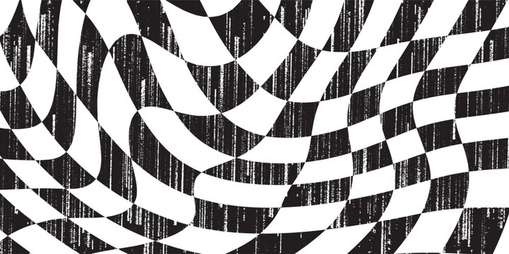 Psychedelic checkerboard pattern with wavy black white checks and 90s retro distortion. Abstract geometric warp effects for trippy Y2K textiles or surreal illusions. Seamless vector tiles optical.