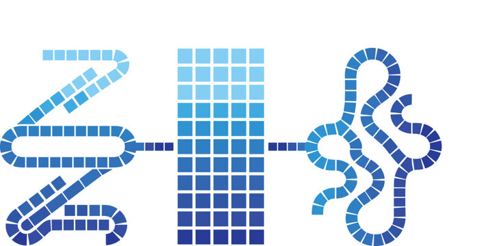 Blue mosaic tile path block grid and winding roadmap elements for business data flow infographic timeline vector design