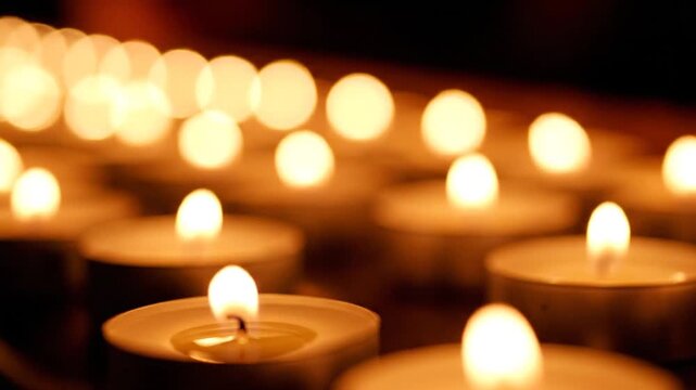 A warm and comforting display of numerous lit tea light candles creating a soft, glowing ambiance.