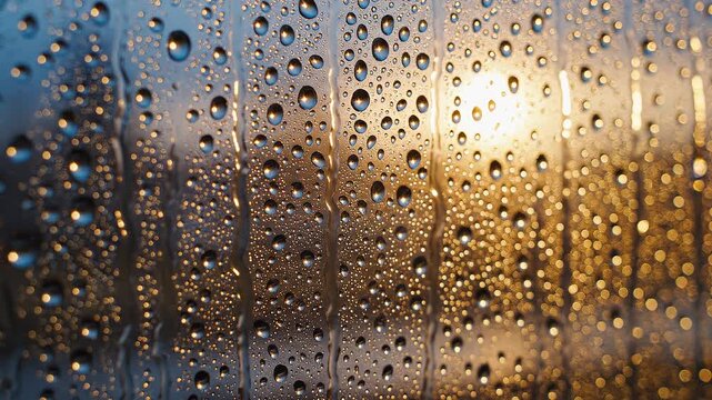 A cinematic close-up shot of rain droplets on a window at dawn.