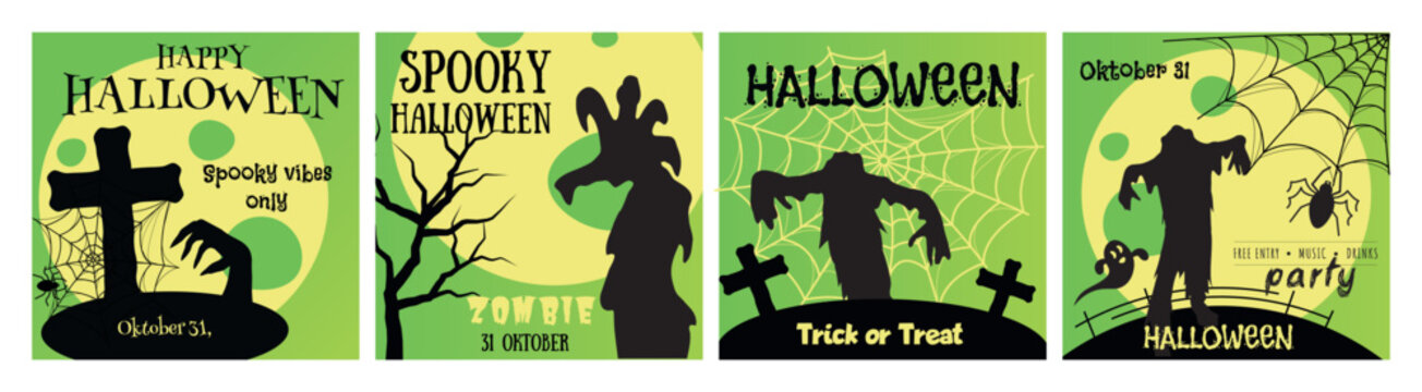 Halloween vector banner set with spooky zombie silhouettes, cemetery graves, spider webs and full moon. Trick or treat party invitation square cards template in green and yellow colors