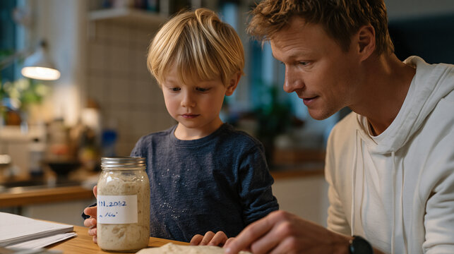 Child watching father culture wild yeast in mason jar at kitchen counter, fascinated expression at bubbling starter, handwritten label with date, modest apartment kitchen setting, back-to-school wee