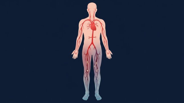 Human circulatory system illustration showing heart and arteries with blockages in legs