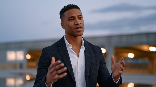 Minority male founder in a tailored jacket rehearsing his fundraising pitch alone in a desolate parking garage at twilight, projected slides glowing on a concrete wall, his reflection caught in a pu