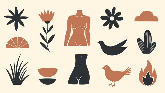 Boho Abstract Shapes: Woman Torso, Flowers, Birds, Cloud, Fire, Plant
