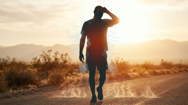 Silhouette of a runner sweating profusely in the desert heat during sunset