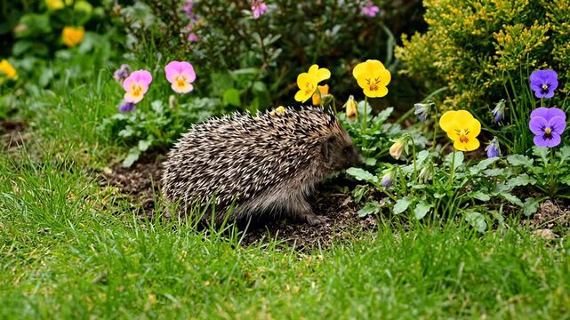 A small hedgehog forages through a flowerbed, surrounded by vibrant yellow, pink, and purple flowers, with lush green grass