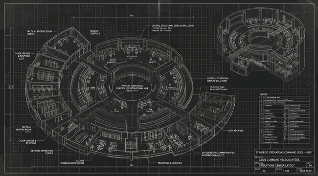 Futuristic circular command center blueprint with technical grid lines and complex infrastructure layout