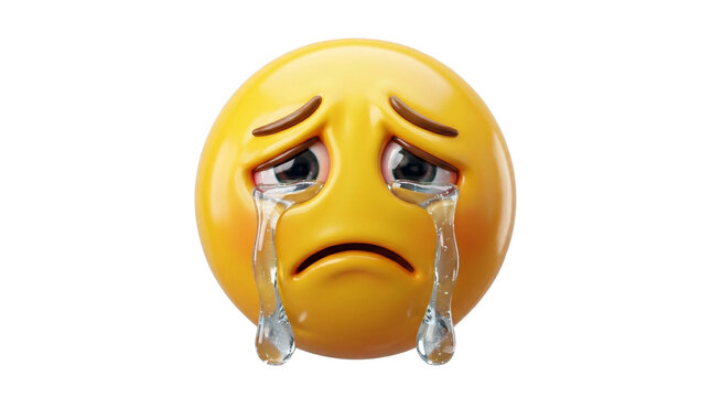 Crying emoji with tears, sad yellow face character, 3D glossy emoticon expressing grief and sorrow, emotional weeping face icon isolated PNG with Transparent Background