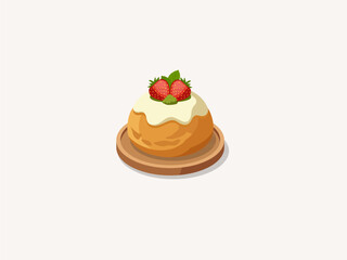 White Chocolate Glazed Cream Puff with Fresh Strawberries Vector Illustration. Elegant Choux Pastry Dessert with Matcha Filling, Isolated on Cream Background. © Akasha Design