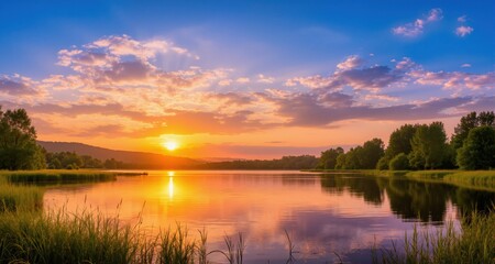 Fototapeta premium Beautiful summer sunrise over lake - Panorama 