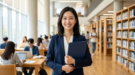 Fototapeta premium Smiling young professional woman in a business suit holding a folder in a modern library
