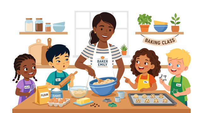 Group Cookie Baking Class Learning in Kitchen Vector Scene