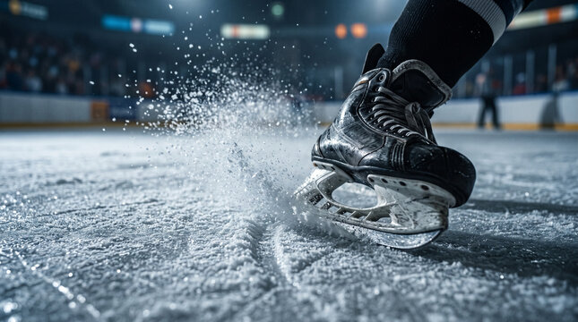 Action Hockey Skate Blade Gliding on Ice Surface with Spraying Shards in Arena