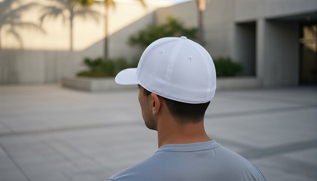 Athletic mid 30s Hispanic man wearing a blank white snapback cap in a sunlit architectural concrete plaza
