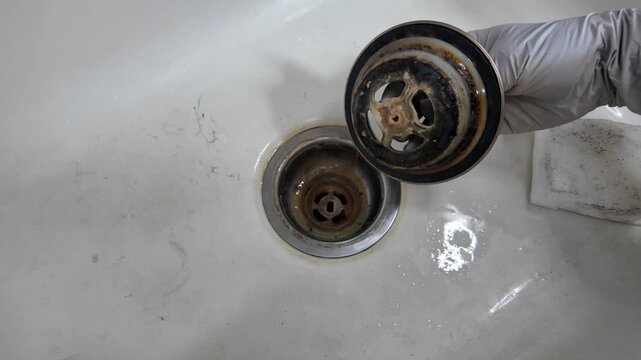 Greasy kitchen sink drain and dirty strainer close up, household cleaning concept