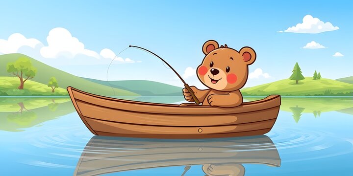 Cute brown bear cartoon sitting in wooden boat on calm lake, holding fishing rod with line in water, friendly peaceful nature illustration with soft style.