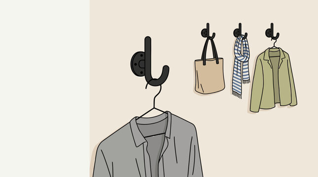 Wall hooks with hanging clothes and accessories in a modern home interior