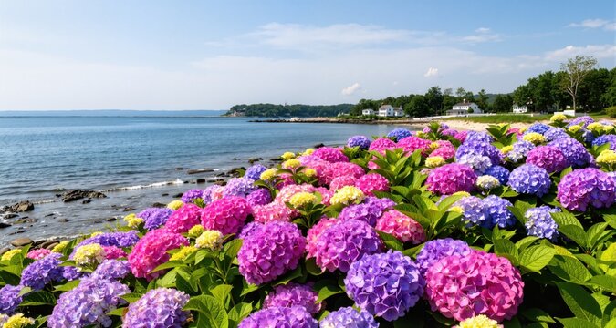 Coastal summer landscape Hydrangea colorful bloom in New England 
