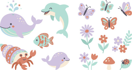 Fototapeta premium Cute Pastel Ocean and Garden Sticker Set with Whale Dolphin Crab Butterfly Flower and Mushroom Cartoon Elements