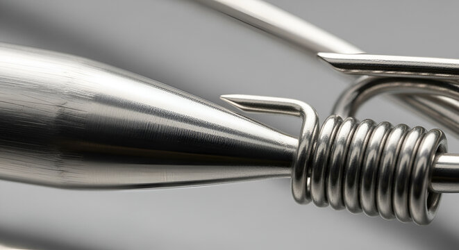 Close-up of stainless steel object with coiled spring and hook