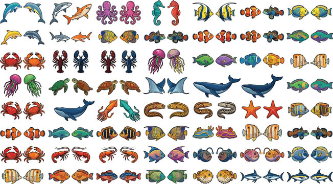 Vector cartoon mega icon set of cute colorful marine life aquatic animals and tropical reef fish facing each other isolated on white background