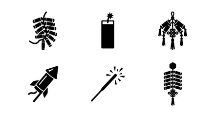 Chinese New Year Firecrackers, Rockets, Sparklers, and Festive Decorations Vector Icons Set © MARIYA