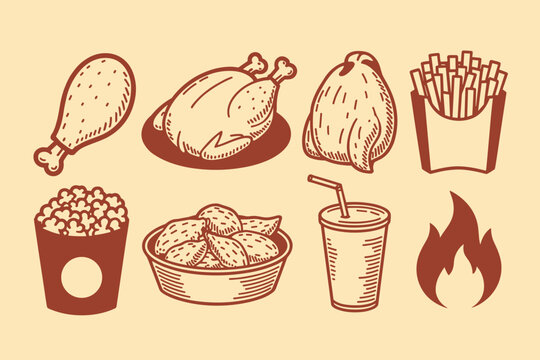 Hand drawn fried chicken meal including drumstick whole chicken fries popcorn drink and flame