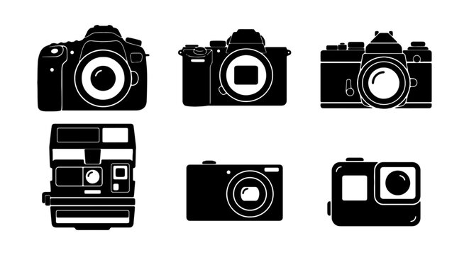 Camera Icons Set: Vintage SLR, Digital, Instant, Action Cam, Vector Graphics