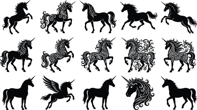 Black unicorn and horse silhouette collection featuring dynamic running positions detailed tribal swirl patterns and flying pegasus vector graphics