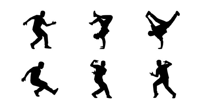 Breakdance Silhouettes: Dynamic Hip Hop Dancers in Action, Urban Street Dance Poses, Vector Set