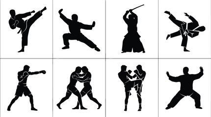 Martial arts fighter silhouettes collection including karate kick boxing wrestling kendo and kung fu icons for sports design © jamal
