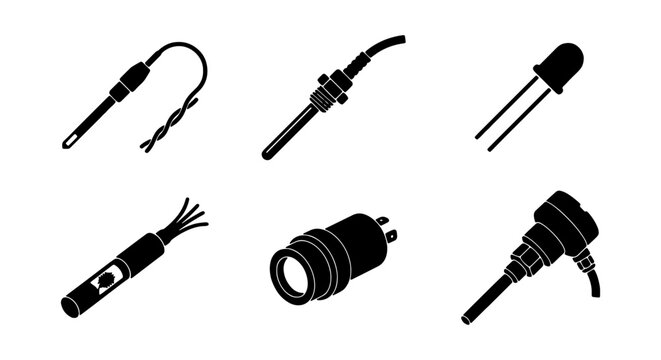 Electronic Components Vector Icons Set: LED, Sensor, Connector, Wire, Circuitry
