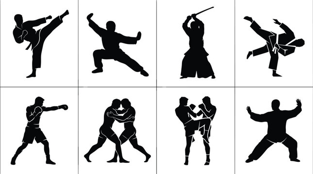Martial arts fighter silhouettes collection including karate kick boxing wrestling kendo and kung fu icons for sports design