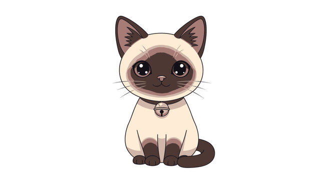 Cute siamese cat vector illustration with kawaii style and bell collar design