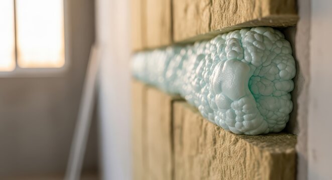 Close up macro shot of expanding foam insulation filling a gap in a textured stone wall during construction