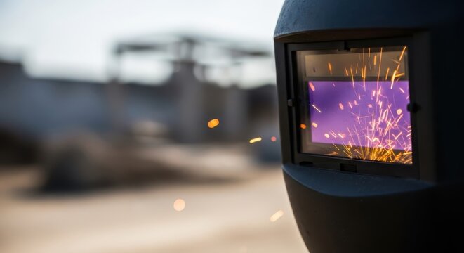 Close up of a welding helmet displaying sparks and light with blurred industrial background