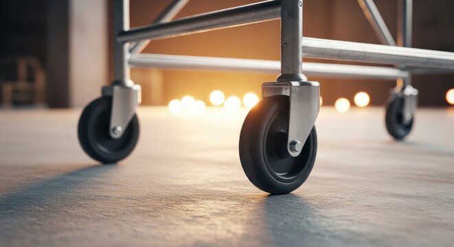 Close up of industrial scaffolding wheels on a textured floor with bokeh lighting