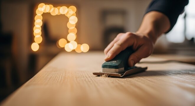 Close-up macro shot of a carpenter's hand using an electric sander to smooth a wooden surface in a workshop with warm bokeh lights.