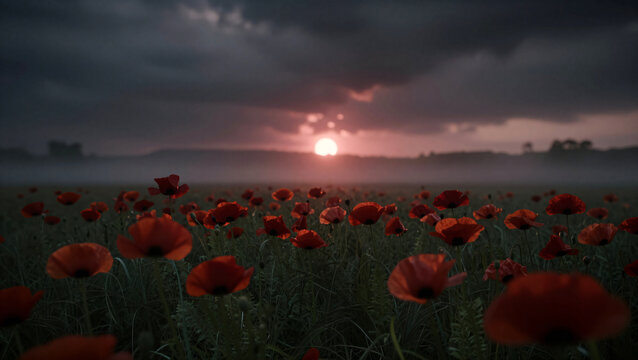 Mohnblumen im Nebel bei tief stehender Sonne