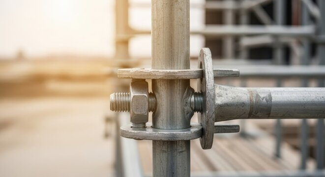 Close-up macro shot of industrial scaffolding metal joint with bolt and nut during construction outdoors