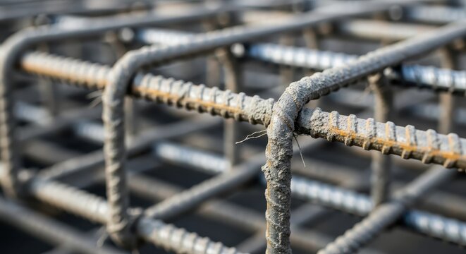Close-up macro shot of interconnected steel rebar grid used in concrete construction