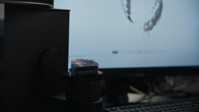An anonymous hand places a dental impression on a 3D scanner, carefully centering it on the turntable. The modern scanner then scans the plaster jaw model to create a digital copy in a dental workshop