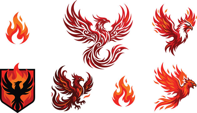 Mythical phoenix and firebird vector design collection with tribal flame patterns fire silhouettes and security shield emblems